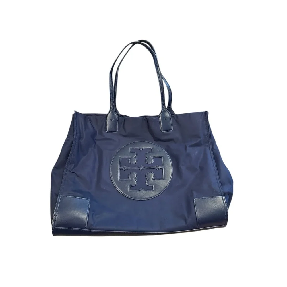 TORY BURCH Ella large navy blue nylon & patent leather tote bag travel 16x13‎